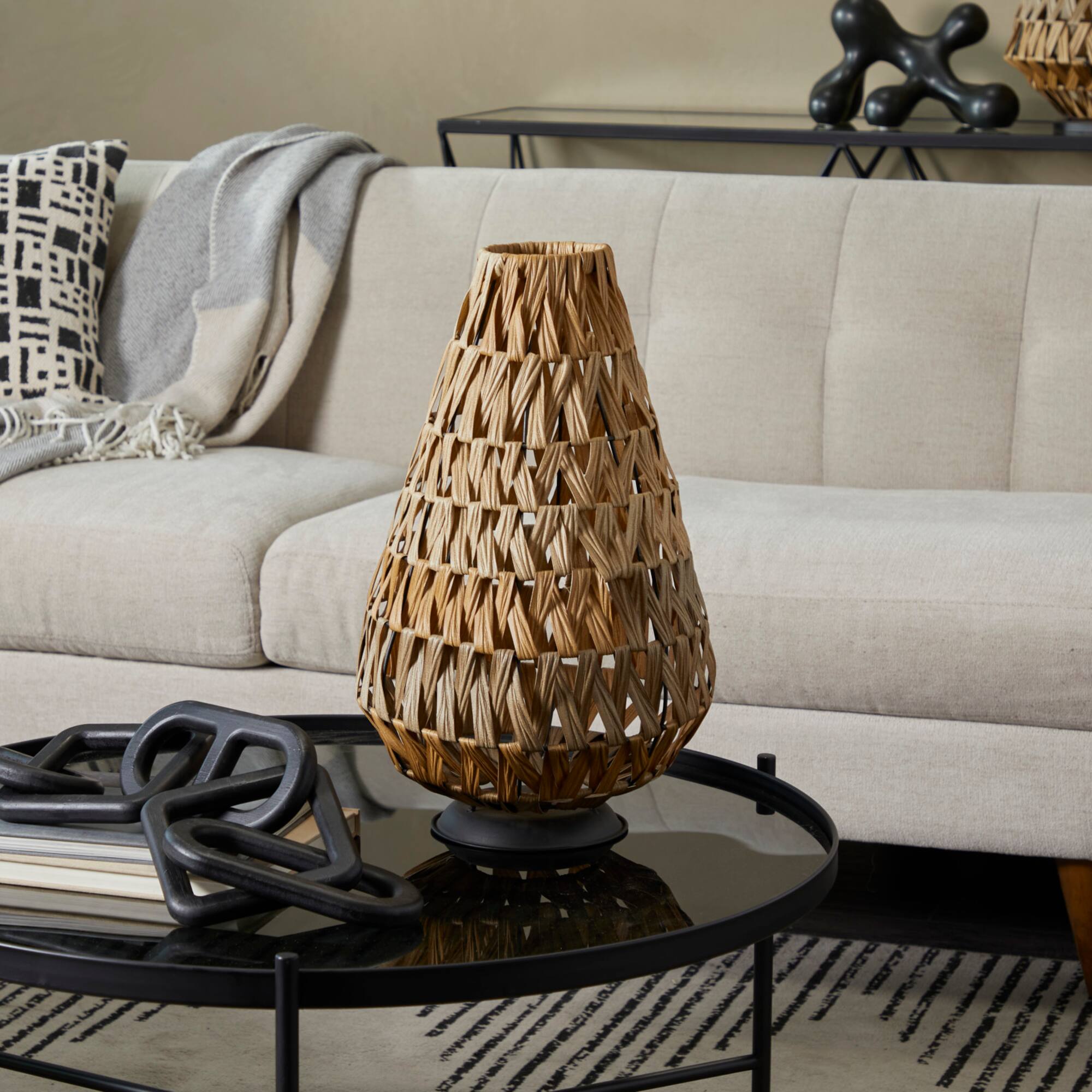 19" Light Brown Plastic Rattan Handmade Candle Lantern with Wrapped Zig Zag Design
